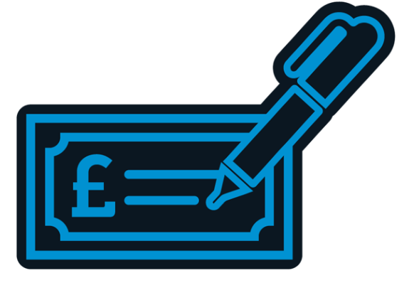 Icon of a fountain pen signing a check signifying the final agreement issued and completed then funds released image.